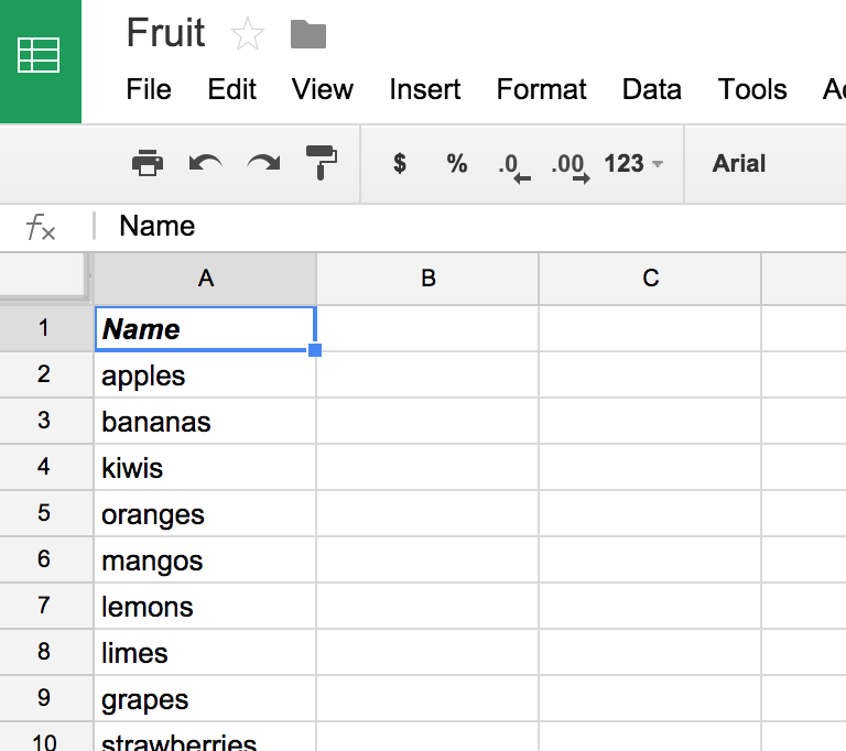 screenshot of Spreadsheet list of fruit names