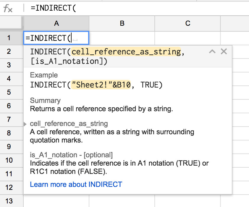 screenshot of INDIRECT() api