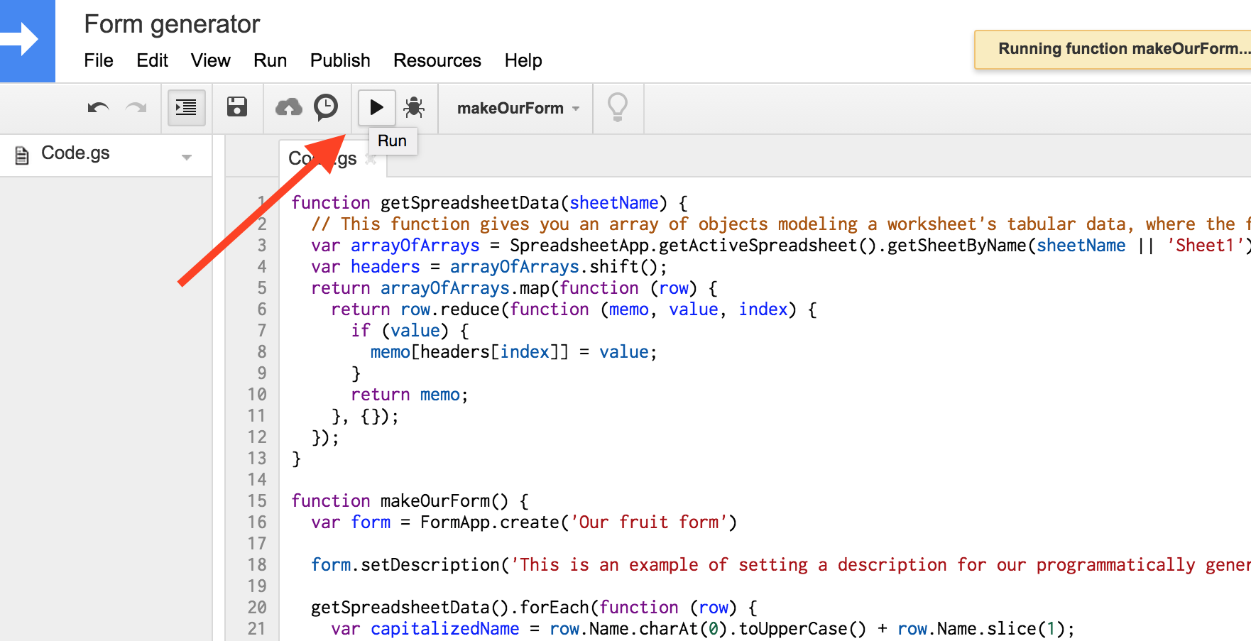 screenshot of running a function in Google Apps Script
